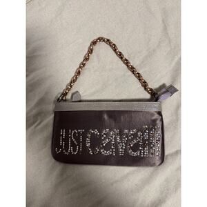 Just Cavalli Wristlet Clutch Bag Womens Brown Silver Chain Strap Rhinestone Logo